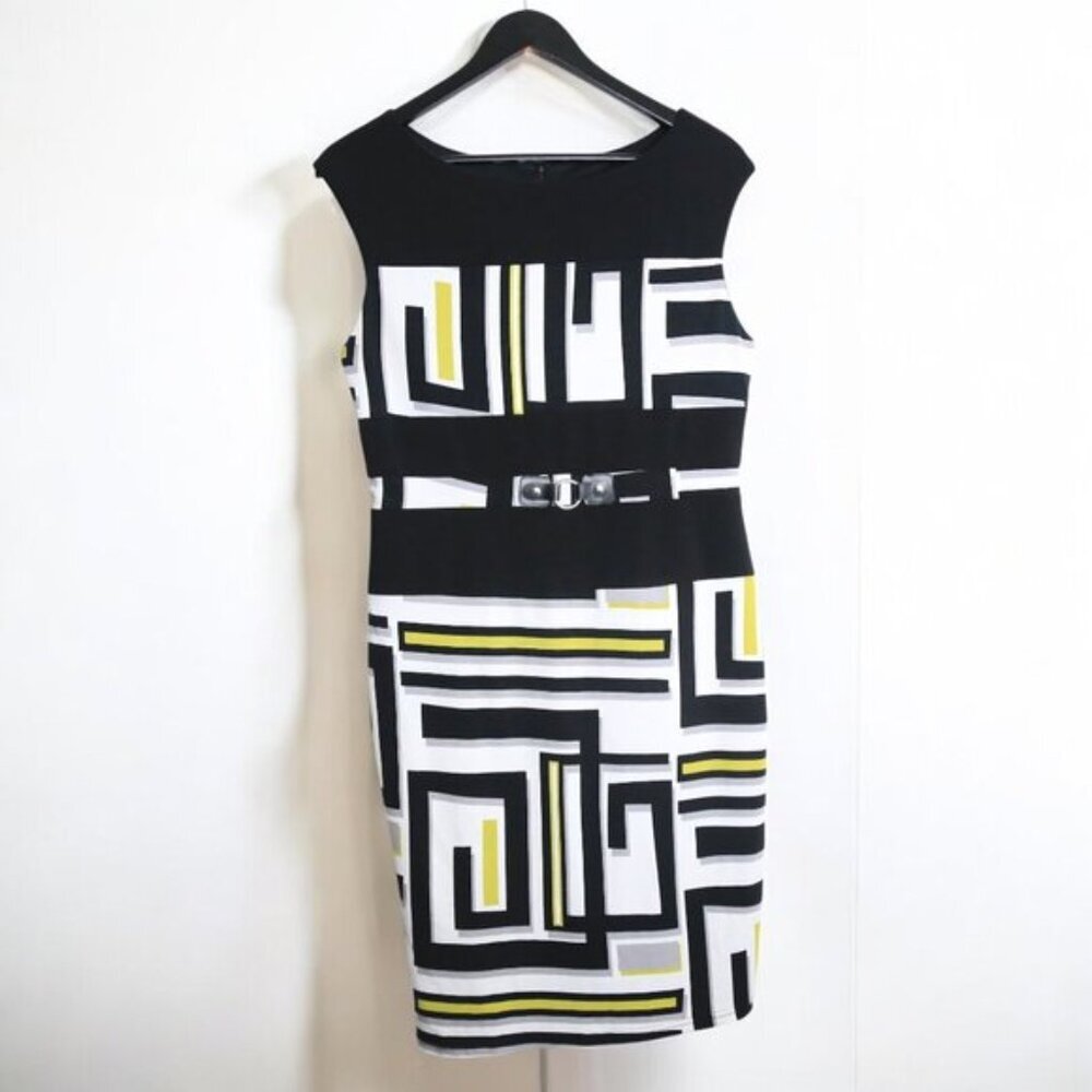 Joseph Ribkoff Front Belted Geometric Circle Belt Detail Patterned Dress Size 10